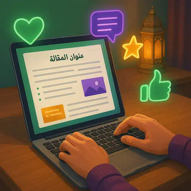 دون يكتب مقالًا طويلًا باللغة العربية على لاب توب مع أيقونات تفاعل.