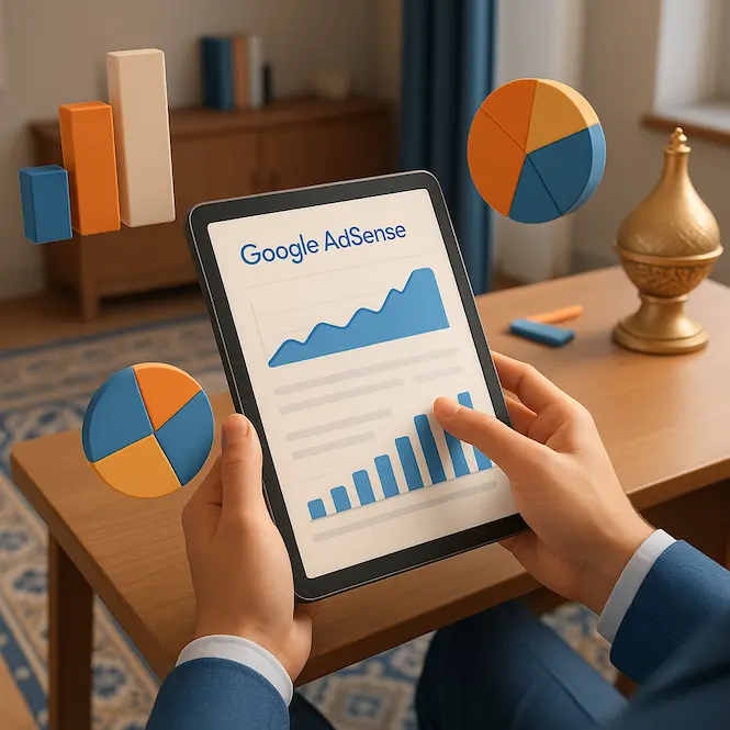 شخص يحلل تقرير Google AdSense على جهاز لوحي مع رسوم بيانية ملونة.
