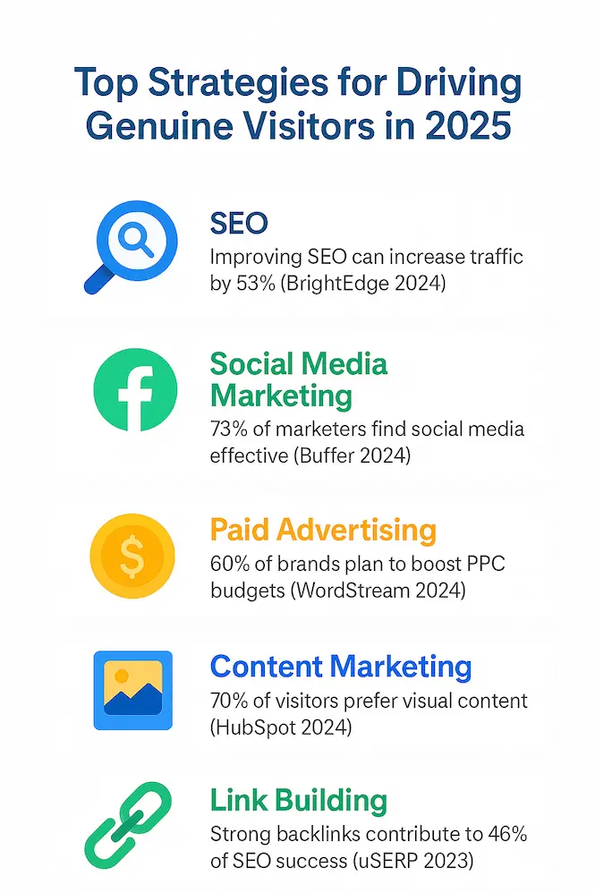 نظرة سريعة على أفضل الاستراتيجيات لـ جلب زوار حقيقيين إلى موقعك في 2025.