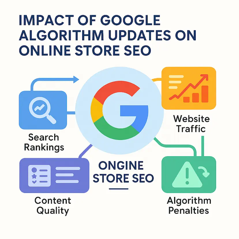 رسم توضيحي يُظهر تأثير تحديثات جوجل على تحسين محركات البحث للمتجر الإلكتروني.