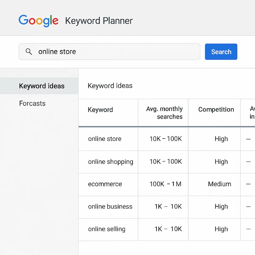 لقطة شاشة لأداة Google Keyword Planner تُظهر تحليل الكلمات المفتاحية لـ تحسين محركات البحث للمتجر الإلكتروني.