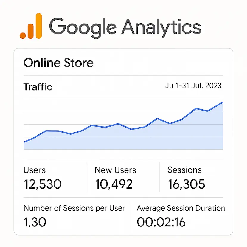 لوحة تحكم Google Analytics تُظهر إحصائيات زيادة زيارات المتجر الإلكتروني.